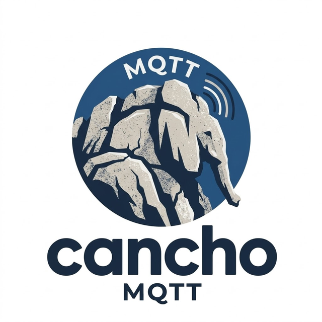 cancho-mqtt: a rock face in a blue circle, the letters MQTT above it
